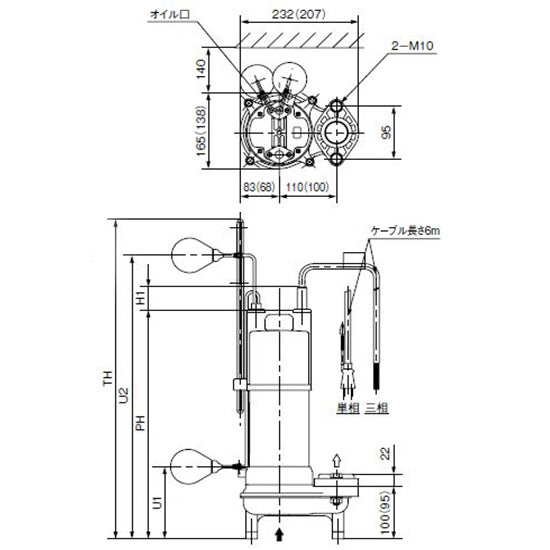 川本ポンプ カワペット WUO4-506-0.75L 三相200V 60Hz 自動型 強化樹脂製雑排水用水中ポンプ 代引不可 同梱不可 送料無料 但、北海道・東北・九州・沖縄 送料別途