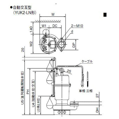 川本ポンプ YUK2-505-0.4TLN 三相200V 50Hz 自動交互型 雑排水用水中ポンプ 代引不可 同梱不可 送料無料 但、北海道・東北・九州・沖縄 送料別途