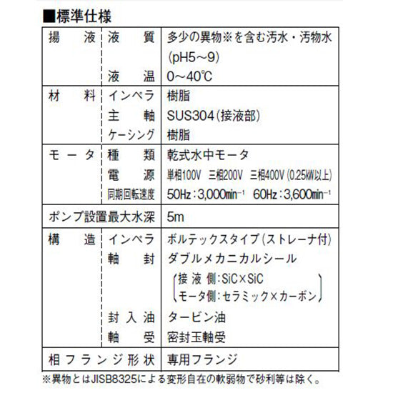 川本ポンプ カワペット WUP4-405-0.25T 三相200V 50Hz 非自動型 強化樹脂製雑排水用水中ポンプ 代引不可 同梱不可 送料無料 但、北海道・東北・九州・沖縄 送料別途