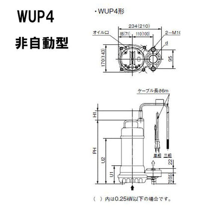 川本ポンプ カワペット WUP4-506-0.4T 三相200V 60Hz 非自動型 強化樹脂製雑排水用水中ポンプ 代引不可 同梱不可 送料無料 但、北海道・東北・九州・沖縄 送料別途