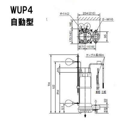 川本ポンプ カワペット WUP4-506-0.75L 三相200V 60Hz 自動型 強化樹脂製雑排水用水中ポンプ 代引不可 同梱不可 送料無料 但、北海道・東北・九州・沖縄 送料別途