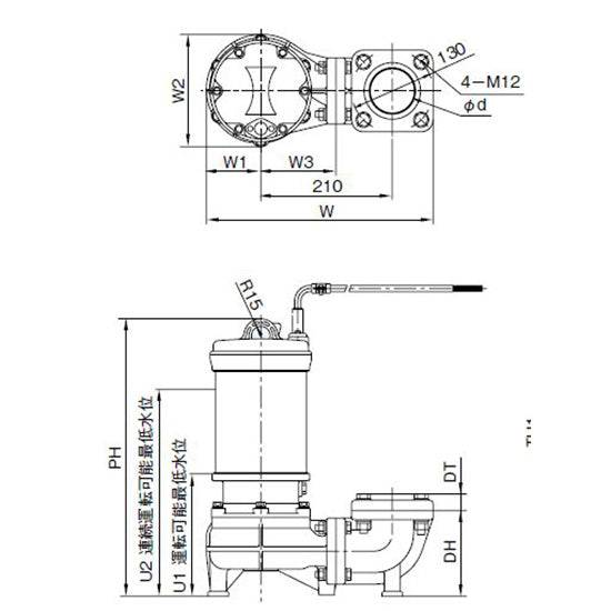 川本ポンプ カワペット WUO-805-2.2 三相200V 50Hz 非自動型 強化樹脂製雑排水用水中ポンプ 代引不可 同梱不可 送料無料 北海道・沖縄・離島は別途