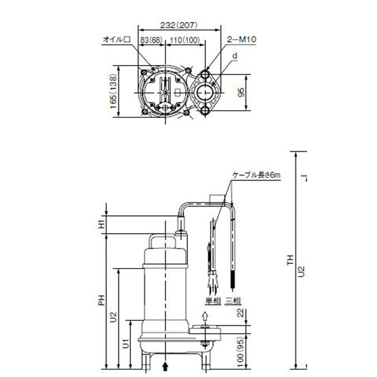 川本ポンプ カワペット WUO4-505-0.4T 三相200V 50Hz 非自動型 強化樹脂製雑排水用水中ポンプ 代引不可 同梱不可 送料無料 但、北海道・東北・九州・沖縄 送料別途